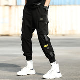 Men's Side Pockets Cargo Harem Pants Ribbons Black Hip Hop Casual Male Joggers Trousers Fashion Casual Streetwear Pants