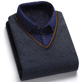 Autumn Men Sweater Fake Two-piece Grid Thicken Knitted Male Base Sweater Solid Pullover Shirt Jumper Slim Sweater Men's Clothing