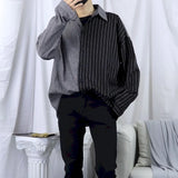 Men's Shirt Spring New Double Color Matching Loose Oversize Korean Stripes Long-sleeved Mandarin Duck Shirts Shirts For Men