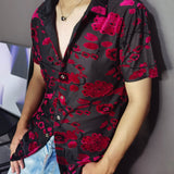 Foesce Blue Top Blouse Social Club Outfits Party Designer Shirt Fashion Velvet Flower Shirt Men Transparent Short Sleeve Sexy Shirt