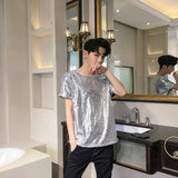 Foesce Reflective Sequins T Shirt Men Fashion Casual Short-sleeved T-shirt Men Streetwear Hip Hop Loose Performance Tshirt Man Tops