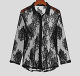 Men Mesh Shirt Lace Lapel Long Sleeve Transparent Streetwear Sexy Camisas Fashion Party Nightclub Shirts Men S-5XL