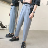 Korean Belt Suit Pants Men Fashion Solid Color Casual Dress Pants Men Loose Straight Trousers Mens Office Formal Trousers