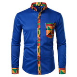 Dashiki African Mens Shirt Patchwork Pocket Africaine Print Shirt Men Ankara Style Long Sleeve Design Collar Mens Dress Shirts