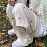 Women's Jeans Streetwear Casual Heart Shaped Embroidery Elastic Waist Vintage Baggy Straight Denim Trouser Wide Leg Pants