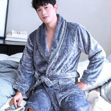 Flannel Dragon Crane Men Kimono Bathrobe Gown Casual Nightwear Winter Thick Warm Sleepwear Nightgown Plus Size Loose Homewear