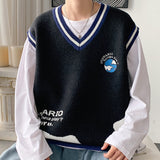 Foesce Printed Sweater Vests Men Students Couple Trendy Knitwear Loose Comfort New-arrival Daily Casual Embroidery Jumpers Ulzzang Chic