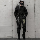 Foesce Hip Hop Streetwear Jumpsuits Men Ribbon Embroidered Cargo Pants Long Sleeve Rompers Joggers Techwear Overall Suit Men
