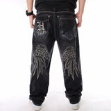 Foesce Plus Size Mens Jeans Top Rushed Stripe Loose Hip Hop Jeans Men Printed Hiphop Demin Pants Tide Trousers Embroidered Flower Wings