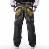 Foesce Plus Size Mens Jeans Top Rushed Stripe Loose Hip Hop Jeans Men Printed Hiphop Demin Pants Tide Trousers Embroidered Flower Wings