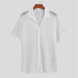 Foesce -Men Shirt Mesh Lace Transparent Lapel Short Sleeve Streetwear Button Camisas Party Fashion Sexy Men Clothing S-5XL