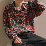 Hong Kong style vintage shirt for men women handsome loose drape long-sleeved clothes male trend Oil painting flower shirt