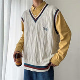 Foesce Sweater Vest Men Fashion Streetwear Trendy V-neck Solid Color Loose Sleeveless Vest Pullover Men's Knitwear  Autumn