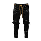 Men's Skinny ripped jeans men Pants Pencil Biker Side Striped Jeans Destroyed Hole Hip Hop Slim Fit Man Stretchy Jean Print