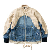 Foesce Men's Hi Street Twist Sweater Patchwork Denim Jacket Streetwear Kangaroo Pockets Jean Coat for Male
