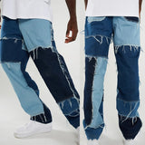 Foesce Mens Denim Pants Casual Black Blue Skinny slim Fit Patchwork Denim Pants Biker Hip Hop Jeans for men with Loose Denim Pants