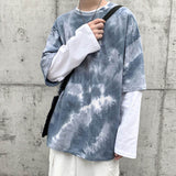 Spring/Autumn Fake Two-piece Tshirt Women T Shrit Long-sleeved T-shirt Korean Trend Student Bottoming Shirt Hip-hop Tie-dye Top