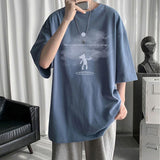 Summer  Short-Sleeved T-Shirt Men Women Harajuku Cloud Print Hong Kong Style Fifth Sleeve Tee Preppy Hip-Hop Simple Top
