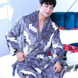 Flannel Dragon Crane Men Kimono Bathrobe Gown Casual Nightwear Winter Thick Warm Sleepwear Nightgown Plus Size Loose Homewear
