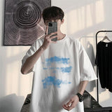 Summer  Short-Sleeved T-Shirt Men Women Harajuku Cloud Print Hong Kong Style Fifth Sleeve Tee Preppy Hip-Hop Simple Top
