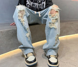 Men Jeans Wide-leg Straight Jeans Hole Ripped Streetwear All-match Denim Trousers Mens Loose Casual Fashion Harajuku Pants