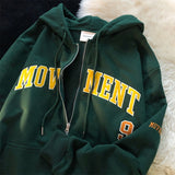 Foesce Letter Print Casual Hooded Sweatshirts Women Vintage Simple Streetwear Coats Female Harajuku Loose Y2k Aesthetic Zip Up Hoodies