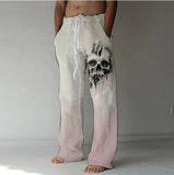 Men Drawstring Elastic Cotton Linen Trousers Casual Wide Leg Pant Male Summer Newest Vintage Print Loose Sport Pants Streetwear