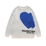Harajuku Retro Love Pattern Letter Spliced White Black Casual Pullover Sweater for Male and Female Crew Neck Loose Knitted Tops
