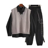 New Spring Autumn 3 Piece Set Women Streetwear Knitted Vest+Long Sleeve Shirt+Harajuku BF Loose Cargo Pants Women