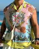 Men Hawaiian Shirts Printing Summer Lapel Sleeveless Vacation Casual Camisa Loose Breathable Streetwear Shirt 5XL