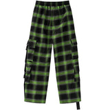 Men's Vintage Straight Pants Plaid Baggy Drawstring Trousers Multi-pocket Design Fall Hip Hop Casual Fashion Streetwear