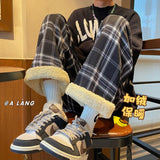 Winter Plush Thickened Pants Men Warm Fashion Retro Thick Plaid Pants Men Streetwear Loose Straight Pants Mens Trousers M-2XL
