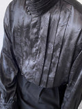 Foesce Chinese Pleated Stand Collar Jacquard Satin Trend Men's Shirt Long Sleeved Fashionable Autumn Male Tops Solid Color