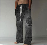 Men Drawstring Elastic Cotton Linen Trousers Casual Wide Leg Pant Male Summer Newest Vintage Print Loose Sport Pants Streetwear