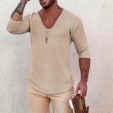Mens New Autumn Casual Skinny Long Sleeve V-Neck Tee Shirt Fashion All-match Tops Pullover Retro Rib Solid Knitted Shirts