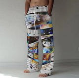 Men Drawstring Elastic Cotton Linen Trousers Casual Wide Leg Pant Male Summer Newest Vintage Print Loose Sport Pants Streetwear