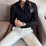 Foesce Men Pleat Shirt With Bowtie Men Tuxedo Shirt Black White Stylish Shirts For Men Wedding Party Club Party Slim Fit Shirt Men