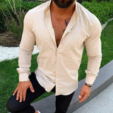 Foesce New Long Sleeve Button Stand Collar Men's Cotton Linen Shirt Buckle Casual Top