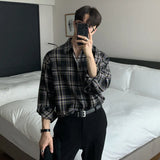 Foesce Autumn Cotton Long Sleeve Shirt Men Fashion Retro Khaki Black Plaid Shirts Mens Korean Loose Oversized Casual Shirt Men M-2XL