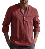 Foesce Men's Casual Cotton Linen Shirts Solid White V Neck Men Long Sleeve Shirt Button Pocket Tops Blouse Pullovers Camisas De Hombre