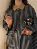 Vertical Striped Japanese Retro Short Sleeve Casual Shirts Men Couple Top Bear Print Button Up Shirt Summer Punk Style