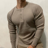 New Sports Leisure Solid Fitness Tshirts Heavy American Retro T-shirt Cotton Show Figure Waffle Slim Men Henry Collar Tops