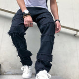 Foesce New Simple Stylish Men Hip Hop Ripped Patch Straight Loose Jeans Pants Streetwear Male Casual Denim Trousers