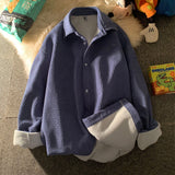 Foesce Solid Color Thicken Men Shirts Harajuku Casual Waffle Long Sleeve Male Blouses Turn-down Collar Autumn Winter Shirts