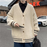 V Neck Knitted Cardigan for Men Casual Plaid Sweaters Korean Fashion Single-breasted Tops Mens Loose Knitwear Pullover