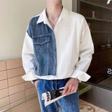 Fall Turn-down Collar Casual Tops Daily Streetwear Mens Patchwork Denim Shirt Clothes Fashion Long Sleeve Button Shirts For Men