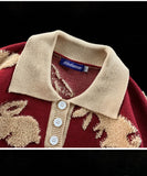 Embroidery Animal Rabbit Sweater Preppy POLO Collar Shirt Pullover Thicken Winter Y2K Tops Harajuku Red Green Kawaii Clothes
