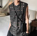 Foesce Men Tank Tops Hollow Out Zipper O-neck Sleeveless Streetwear Sexy Casual Vests Korean Fashion Men Clothing S-5XL