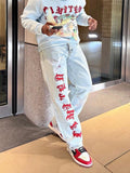 Foesce Printed Baggy Jeans For Men Vintage Light Blue Loose Fit Vaqueros Y2K Hombre Fashion Casual Distressed Wash Straight Denim Pants