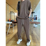 Men's Elastic silky Casual 2-Piece Set Loose Straight Pleated Sports Pants Summer Thin Section Handsome Drape Suit Mens Clothing